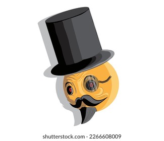 cartoon illustration vector design of a round orange colored head object wearing a long black hat and glasses over one eye with a mustache and beard like people in the 1800's or 1900's