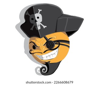 cartoon illustration vector design of a round orange head with a mustache and beard wearing a black pirate captain's hat and one eye covered with a black device tied around his head