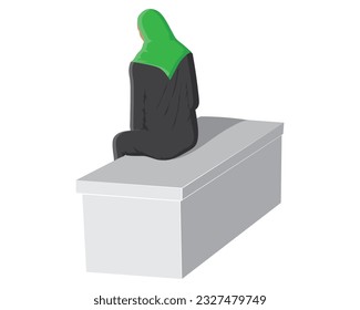 cartoon illustration vector design of a woman in a green hijab and black shirt sitting on a concrete like chair with her back to the front