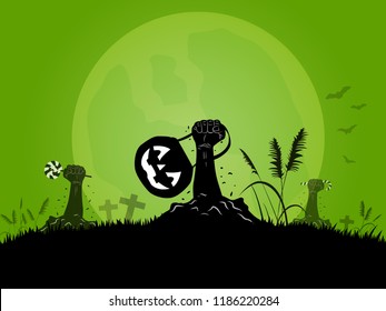 cartoon illustration vector of pumpkin basket, candy cane and lollipop in zombie hands with cemetery background on Halloween night.