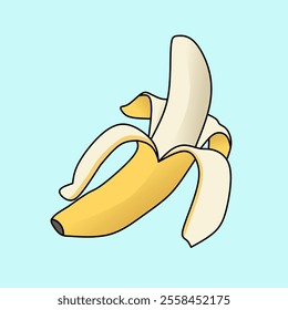 A cartoon illustration vector of a ripe, peeled banana set against a light blue background.