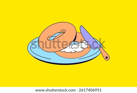 Cartoon illustration vector sliced bagel filled with cream cheese, served on a light blue plate with a knife beside it for breakfast or brunch themes icon design