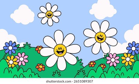 Cartoon illustration vector smiling daisies and colorful flowers on green hills under a blue sky with fluffy clouds. This joyful scene is ideal for children's content, spring themes