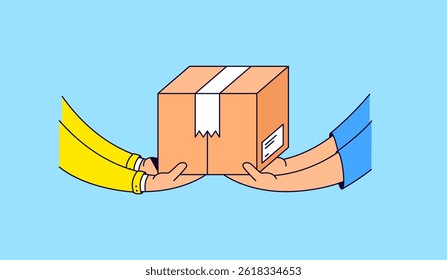 Cartoon illustration vector  two people exchanging a cardboard package against a light blue background. Perfect for delivery, shipping, logistics, courier service