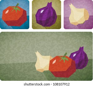 Cartoon illustration of vegetables commonly used in Italian cuisine. Includes a red onion, garlic bulb, and a tomato. Presented individually and together in a composition.