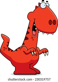 A cartoon illustration of a Velociraptor dinosaur looking hungry.