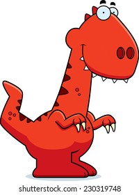 A cartoon illustration of a Velociraptor dinosaur smiling.