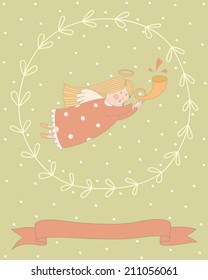 Cartoon illustration of a very cute angel in a wreath. EPS 10. No transparency. No gradients.