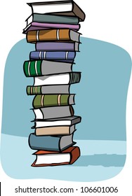 Cartoon Illustration Of A Very Tall Stack Of Books On A Blue Background.