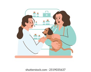 Ilustração em desenho animado de um veterinário que administra a vacinação a um cão de uma clínica. O veterinário está vestindo um casaco branco e segurando uma seringa, enquanto o cachorro se senta pacientemente em uma mesa.