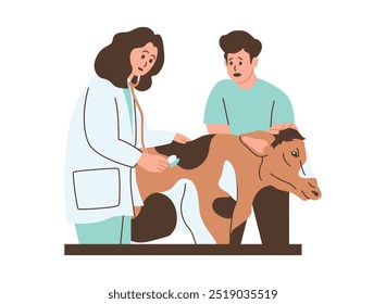 A cartoon illustration of a veterinarian examining a cow in a clinic, while the cow's owner looks on with concern.