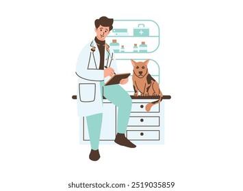 Uma ilustração de um veterinário examinando um cão em uma clínica. O veterinário está vestindo um casaco branco e segurando uma prancheta, enquanto o cachorro se senta pacientemente em uma mesa.