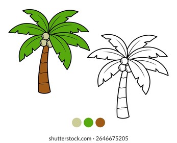 Ilustração em desenhos animados de uma vibrante palmeira de coco verde com cocos, mostrada tanto colorida quanto como um contorno para coloração. Ideal para materiais educacionais de crianças.