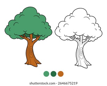 Ilustração em desenho animado de uma árvore decídua verde vibrante com um tronco marrom, mostrada tanto colorida quanto como um contorno para coloração. Ideal para materiais educacionais de crianças.