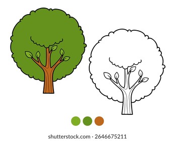 Ilustração em desenho animado de uma árvore redonda verde vibrante com um tronco marrom, mostrada tanto colorida quanto como um contorno para coloração. Ideal para materiais educacionais de crianças.