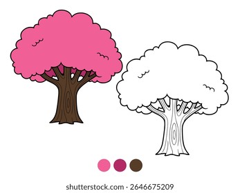 Cartoon illustration of a vibrant pink blossom tree, both colored and as an outline for coloring. Ideal for children's educational materials, spring themes, or craft activities.