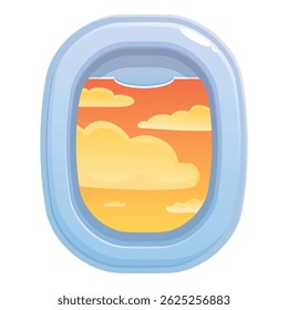 Cartoon illustration of a view from an airplane window showing a golden cloudscape