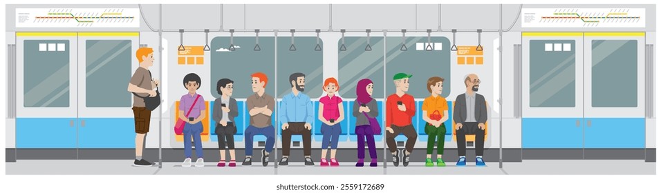 a cartoon Illustration view of people sitting inside subway train