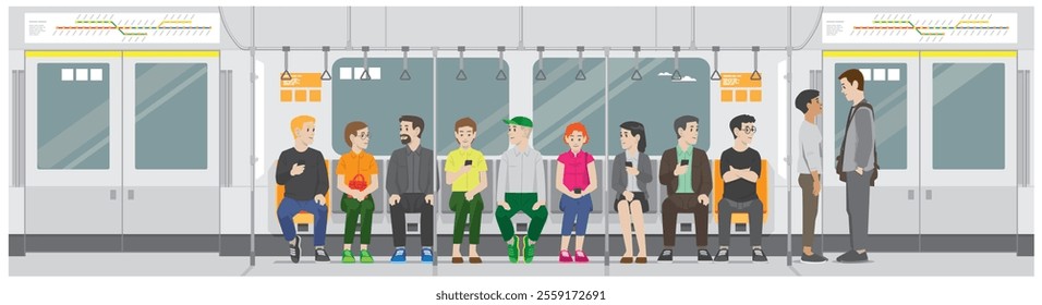 a cartoon Illustration view of people sitting inside subway train