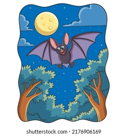 cartoon illustration a view from under the bats flying at night in the forest with the moon shining brightly