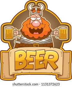 A cartoon illustration of a Viking with two mugs of beer.