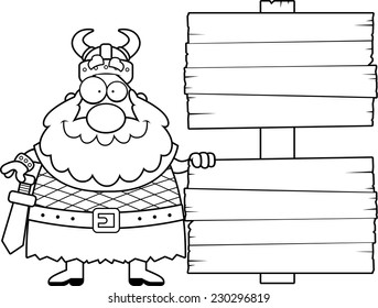A cartoon illustration of a Viking with a wooden sign.