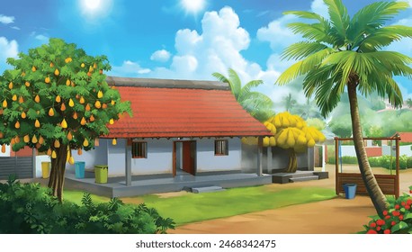 A cartoon illustration of Village house 2d cartoon animation indian background