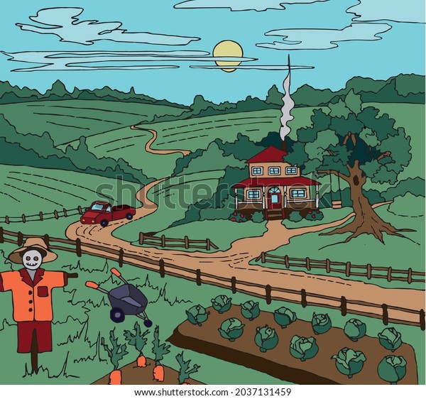 Cartoon\
illustration of a village house among the\
fields.