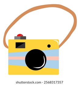 A cartoon illustration of a vintage yellow camera. Flat design