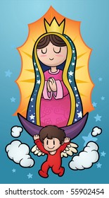 Cartoon illustration of the Virgin of Guadalupe. Vector illustration with simple gradients. Characters and background on separate layers for easy editing.
