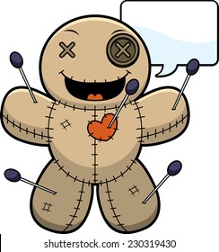 A cartoon illustration of a voodoo doll talking.