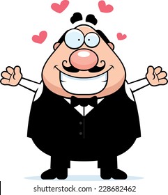 A cartoon illustration of a waiter ready to give a hug.
