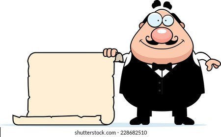 A cartoon illustration of a waiter with a sign.