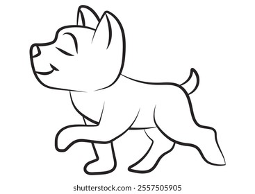 A cartoon illustration of a walking dog. Illustration in black and white and vector format. 