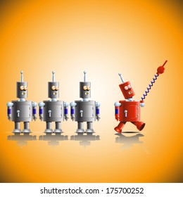 cartoon illustration of walking forward robot and a lot of robots going folow him. leader concept. orange background
