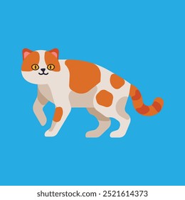 Cartoon illustration of a walking orange and white cat on a blue background. Flat design style for banner, poster, or greeting card