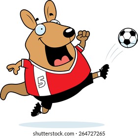 A cartoon illustration of a wallaby kicking a soccer ball.