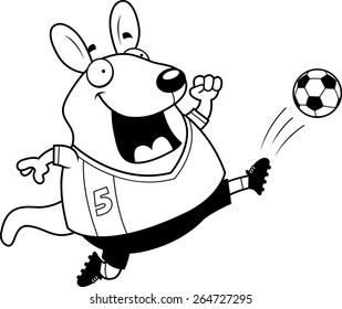 A cartoon illustration of a wallaby kicking a soccer ball.