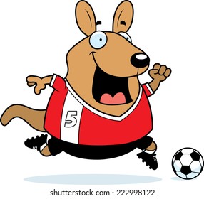 A cartoon illustration of a wallaby playing soccer.