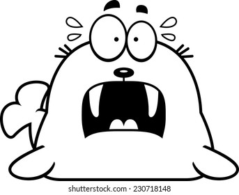 A cartoon illustration of a walrus looking scared.