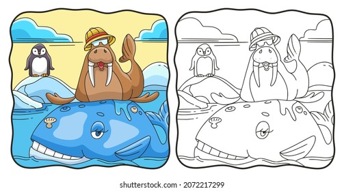 cartoon illustration a walrus sitting on a whale coloring book or page for kids