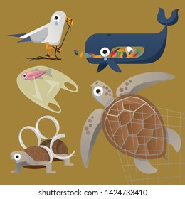 Cartoon illustration of waste pollution in sea endangers the life of sea animals