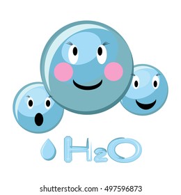 Cartoon illustration of water molecule and water formula H2O. Vector illustration in flat style.