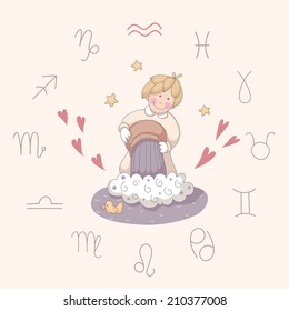 Cartoon illustration of the water-bearer (Aquarius). Part of the set with horoscope zodiac signs. EPS 10. No transparency. No gradients.