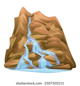 Cartoon illustration of a waterfall cascading down a mountainside forming a river at the base