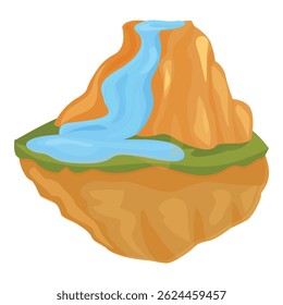 Cartoon illustration of a waterfall flowing from a cliff on a floating island