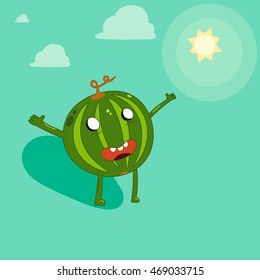 Cartoon illustration of watermelon character under sun and cloud. happy watermelon pulls hands to the sun 