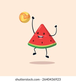 Cartoon illustration of a watermelon slice character, with an excited expression, jumping in the air and holding a ball.  The character is depicted in a playful pose 