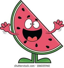 Cartoon illustration of watermelon slice with an open mouth smile. 