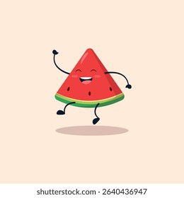 Cartoon illustration of a watermelon slice that is joyful and leaping in the air. The slice has a simple design with expressive eyes and a wide smile.